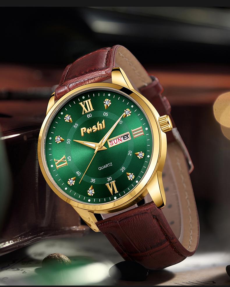 Product Introduction of Poshi Quartz Couple Watch Fashion Business Leather Men's Watch Precise Timing Night Light Women's Watch 13