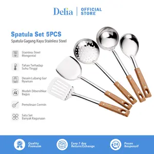 Spatula Set 5PCS Gagang Kayu Stainless Steel Multifungsi Alat Masak Dapur