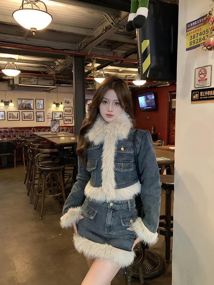 Product Introduction of Fujia Qianjin-Áo Khoác Denim Chần Bông Dày Lót Lông Cừu Cho Nữ, Váy Cạp Cao, Trang Phục Thời Trang Mới Mùa Đông 2023 20
