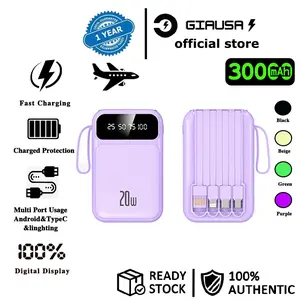 Mini Powerbank Dapat naik pesawat Dual USB Flashlight 30000mAh Pengisian Cepat Tiga Kabel Data 4in1 Tipe-C, Mikro, Dan iPhone Powerbank