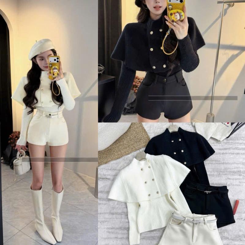    Tặng đai- tặng tang   Sét Áo Dạ Choàng 2 Lớp Kèm Áo Len Mix Quần Sooc Đùi Dành Cho Nữ Sang Chảnh by T.LINH STORE 68 