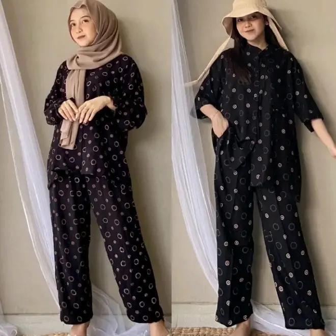 one set rayon polka ring piyama rayon pajamas katun rayon setelan rayon wanita baju wanita dewasa lengan panjang pendek jumbo motif trendy 1