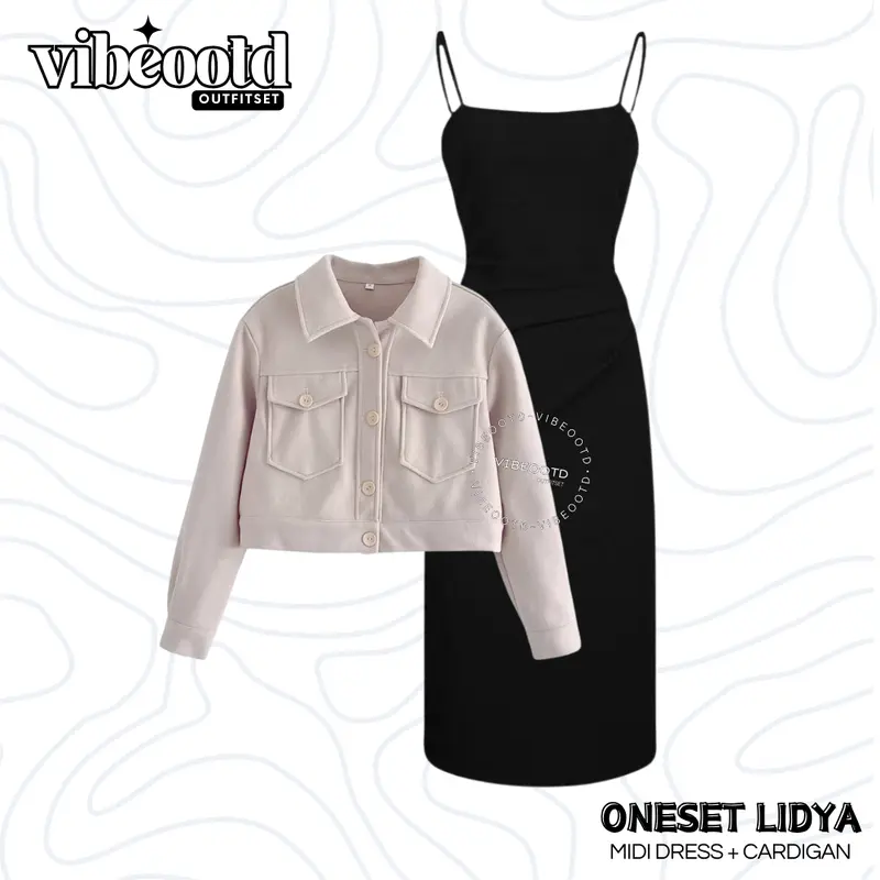 Lidya Outfit Set Wanita ( Bawahan Inner midi dress Hitam +  Atasan Outer Cardigan Blazer Kancing ) Ootd Crop Cewek Simple - One Set Korean Look Santai Basic | Semi Formal 2