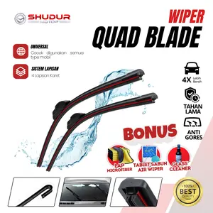 Wiper Quad Blade 4 Lapis Karet Frameless Universal Untuk Semua Tipe Mobil 1 Set Kiri dan Kanan Tanpa Rangka Besi Windshield Kaca Kendaraan Bonus Paket Perawatan Kaca Mobil