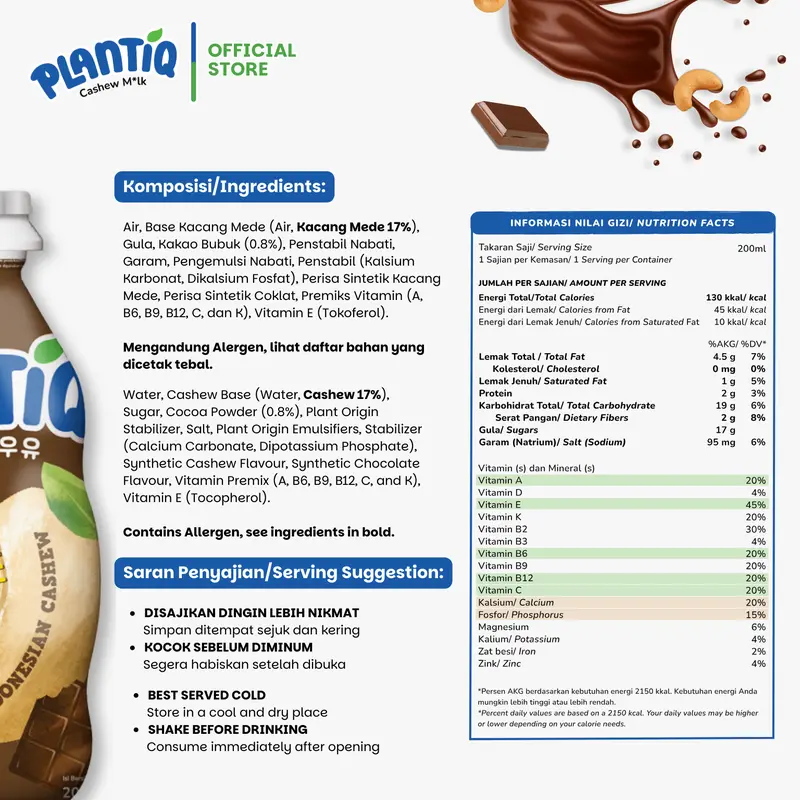 [12 PCS ] PLANTIQ Cashew Milk Chocolate 200ml - Susu Kacang Mede Rasa Coklat -  Non Dairy Milk Lactose Free - Cokelat 2