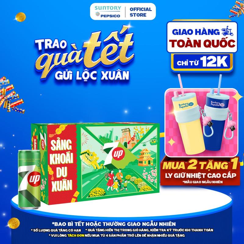 Thùng 24 Lon Nước Ngọt Giải Khát Có Gaz 7Up Xanh 320ml lon