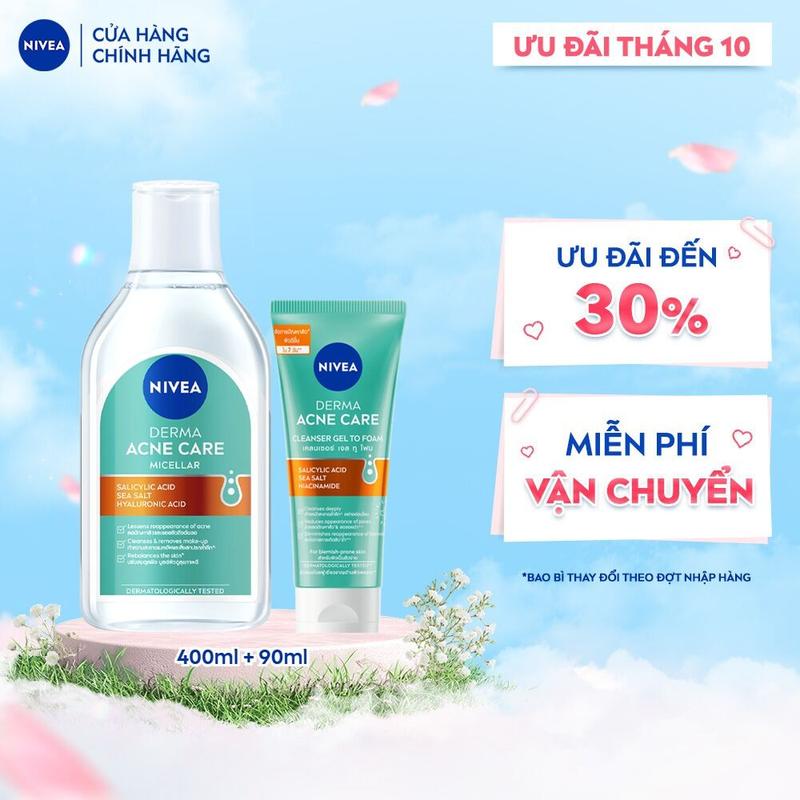 Bộ Đôi Nước Tẩy Trang NIVEA Derma Acne Care Micellar Sạch Sâu Giảm Mụn (400 ml) & Sữa rửa mặt Derma Acne Care Cleanser Gel to Foam(90ml) - 94270 + 94273