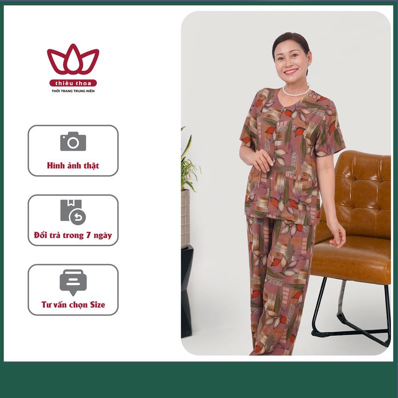 Đồ Bộ Trung Niên Nữ Tôn Bông, Bộ Lanh Mặc Nhà Màu Nâu Quần Dài, Áo Tay Ngắn, Chất Tole Cao Cấp [Có bigsize] ( 50KG -75KG )