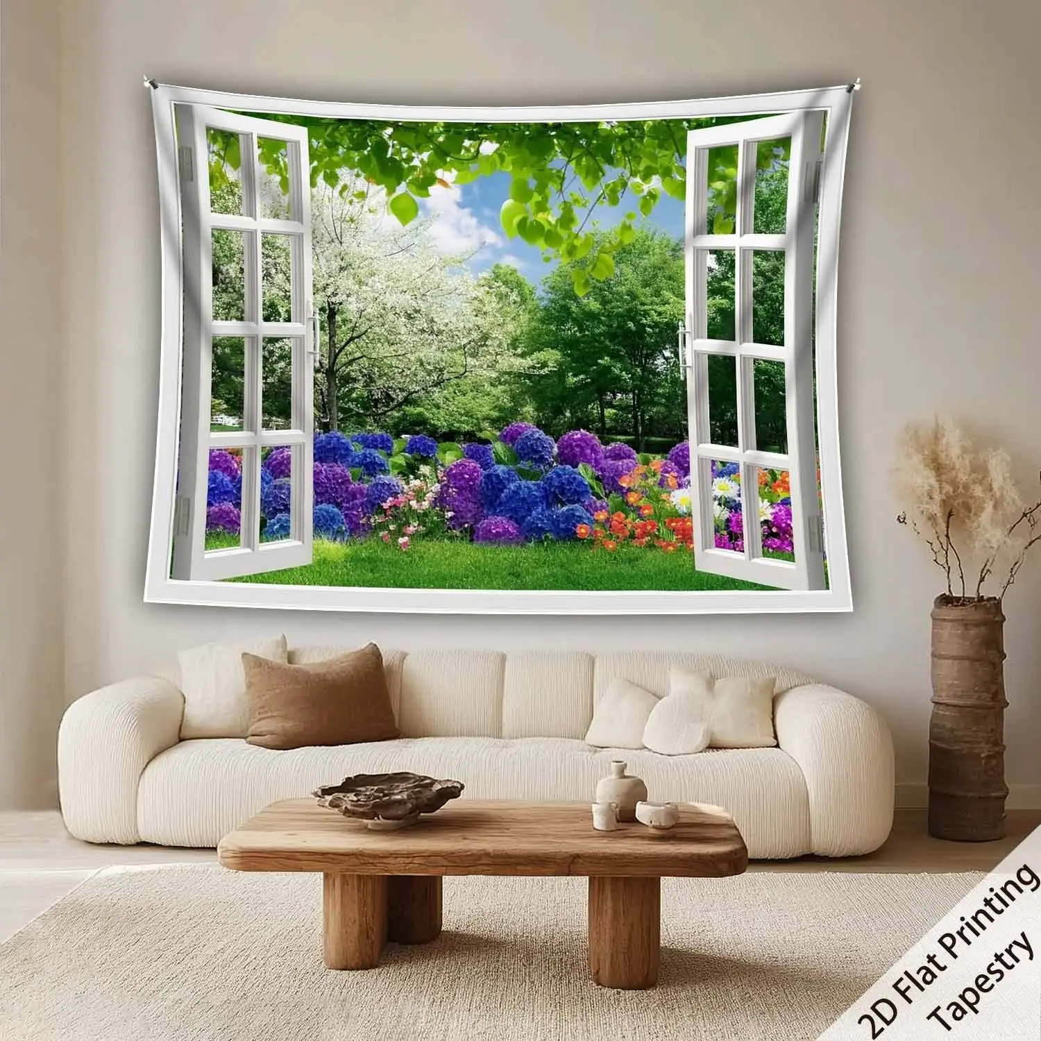 Permadani horizontal motif hidran dan bunga sakura – hiasan dinding taman berformat lebar, dilengkapi dengan klip dan cetakan lanskap definisi tinggi, terbuat dari serat poliester.