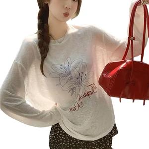 Women's Round Neck Printed Sun Protection Hoodie Long Sleeve Summer New Loose Casual Thin Top, Women's Fashion Clothing 3111 Womenswear Lingerie Crewneck