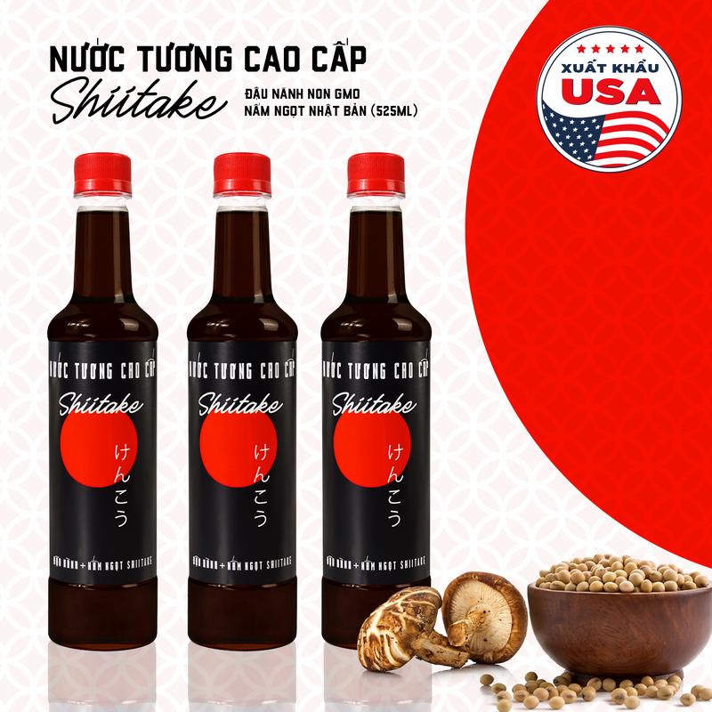 525ml Combo 3 Chai Nước tương cao cấp Shiitake lên men tự nhiên từ đậu nành và nấm ngọt Shiitake chai nhựa 525ml.