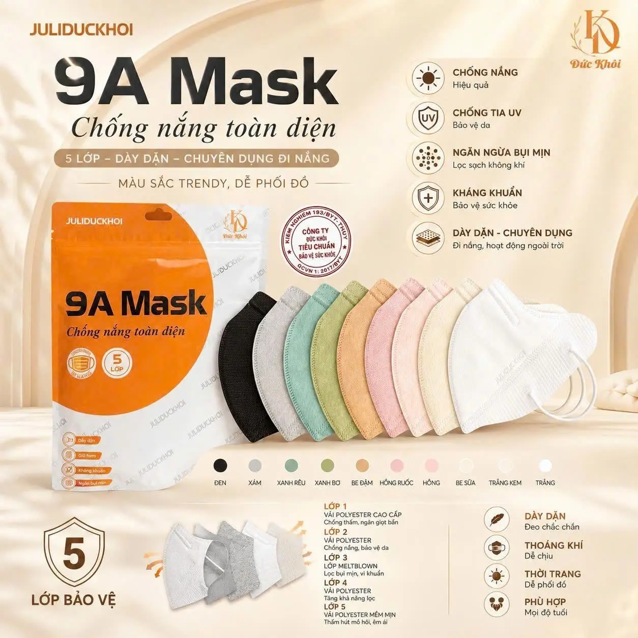 [ Mua 100c tặng 20c 5D] Khẩu trang 9A JULIDUCKHOI 5 lớp kháng khuẩn,chống nắng,dày dặn che kín khuôn mặt-KT9A3