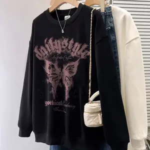 Sweater Oversize Wanita Fleece Korean Gothic Crewneck Basic Fit Putih Hitam Atasan