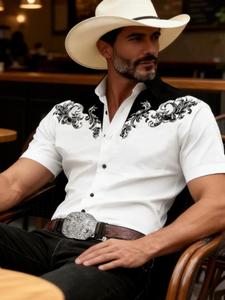 Camisa de hombre de estilo vaquero del Oeste con estampado, manga corta, abotonada vintage, varios colores, ideal para rodeos, uso casual y fiestas