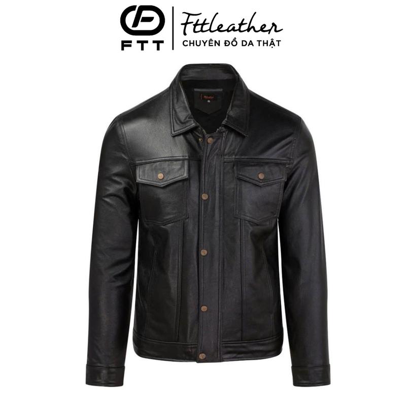 Áo Da Bò Nam Áo Da Thật Cao Cấp Fttleather Trucker Jacket Cổ Bẻ Túi Hộp AD405