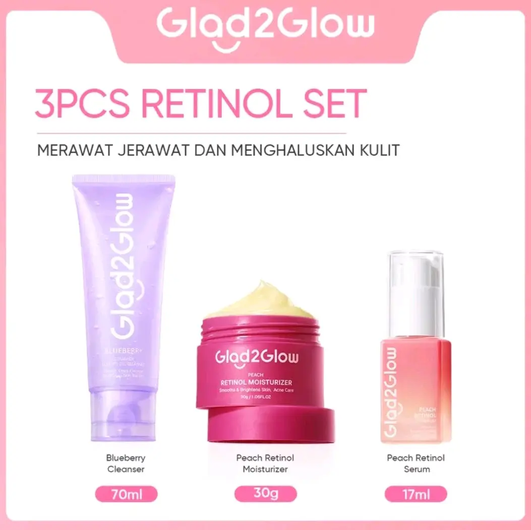 GLAD2GLOW SPESIAL BUNDLING 3IN1 PAKET SKINCARE 3 PCS MOISTURIZER SERUM PEACH RETINOL FACE WASH - ACNE KIT GLOWING KIT kombinasi tea tree oil kit perawatan kulit buat 1 paket daviena burgundy jituji Sensitive Organic Skin Care Kits pink Semua Tipe Kulit BH