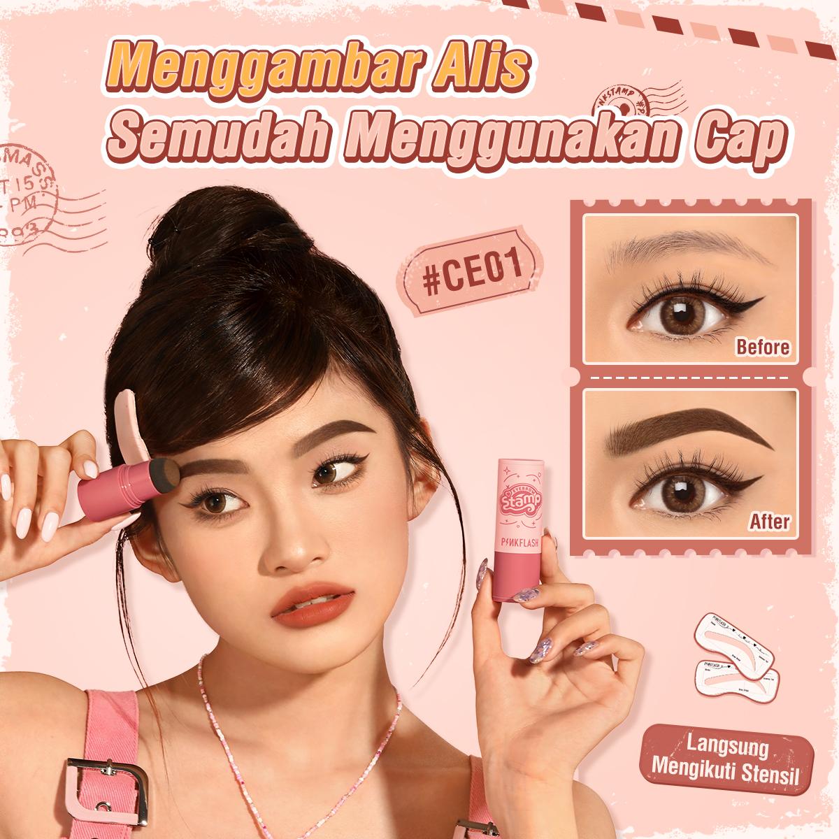 [Pinky] PINKFLASH Waterproof Eyebrow Powder Cushion Stamp with 10 Reusable Stencil Set 1-Step Shaping 4 Shades E19