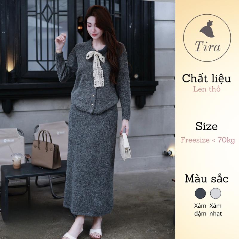Tira Mama Design M455 Set váy len bầu Set áo len lông thỏ cổ nơ ren khuy tim phối chân váy dài
