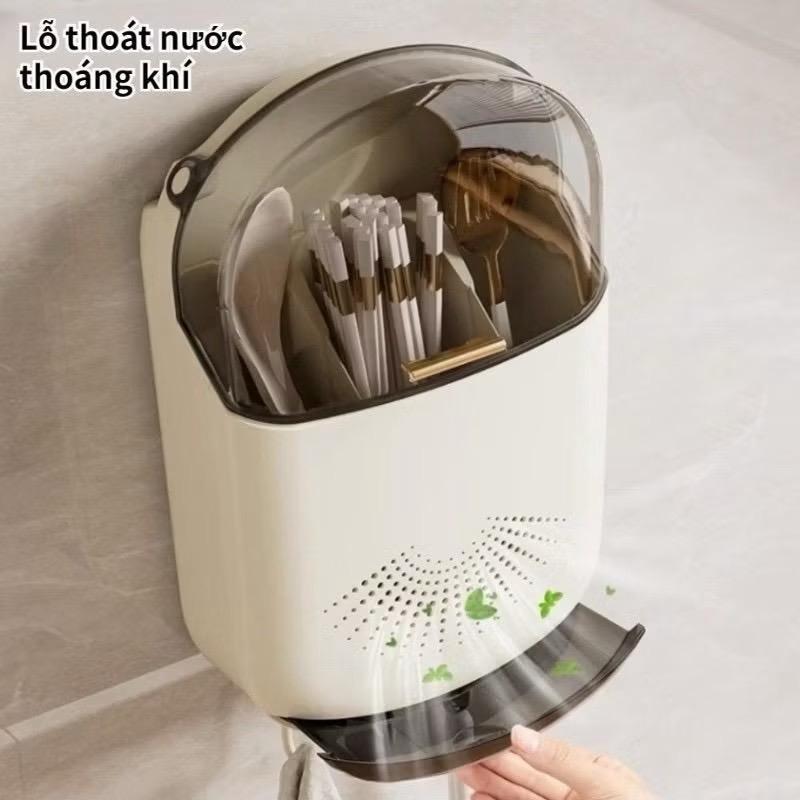 Hộp Đựng Muỗng Đũa Thìa Dán Tường Có Lắp Đậy Nhụa PP Đẹp Thiết Kế Thông Minh Lỗ Thoát Nước Thoáng Khí Tiện Ích Tối Ưu