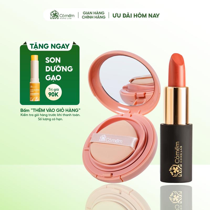 Combo Trang Điểm Tự Nhiên Son Lụa Diễm Mềm Mịn Và Cushion Phấn Nước Thuỷ Tinh Cỏ Mềm