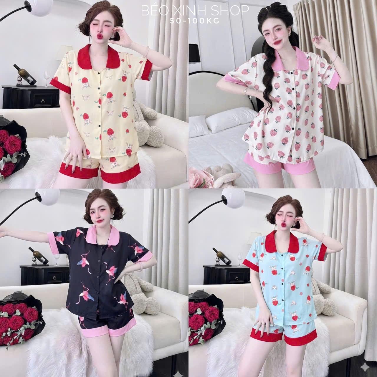 Đồ Bộ - Đồ Ngủ Quần Áo Đùi Lụa Nhật Phối Ren Tiểu Thư Pijama Bigsize 50-100kg Bộ Ngủ Nữ Nhung Lịch Women Quần Ngủ - A.5053