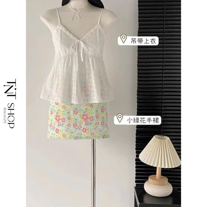 SET 2 MÓN BIGSIZE ÁO 2 DÂY CỔ V KÈM CHÂN VÁY HOA NHỎ  [TNT SHOP BIGSIZE 60KG 90KG]