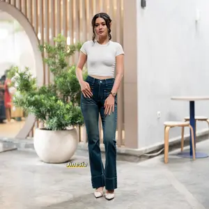 Cutbray Jeans Highwaist Saku Depan Wanita Lipat Lebar - Celana Cutbray Jeans Retro Stretch Denim Cewek Vintage Panjang Melar