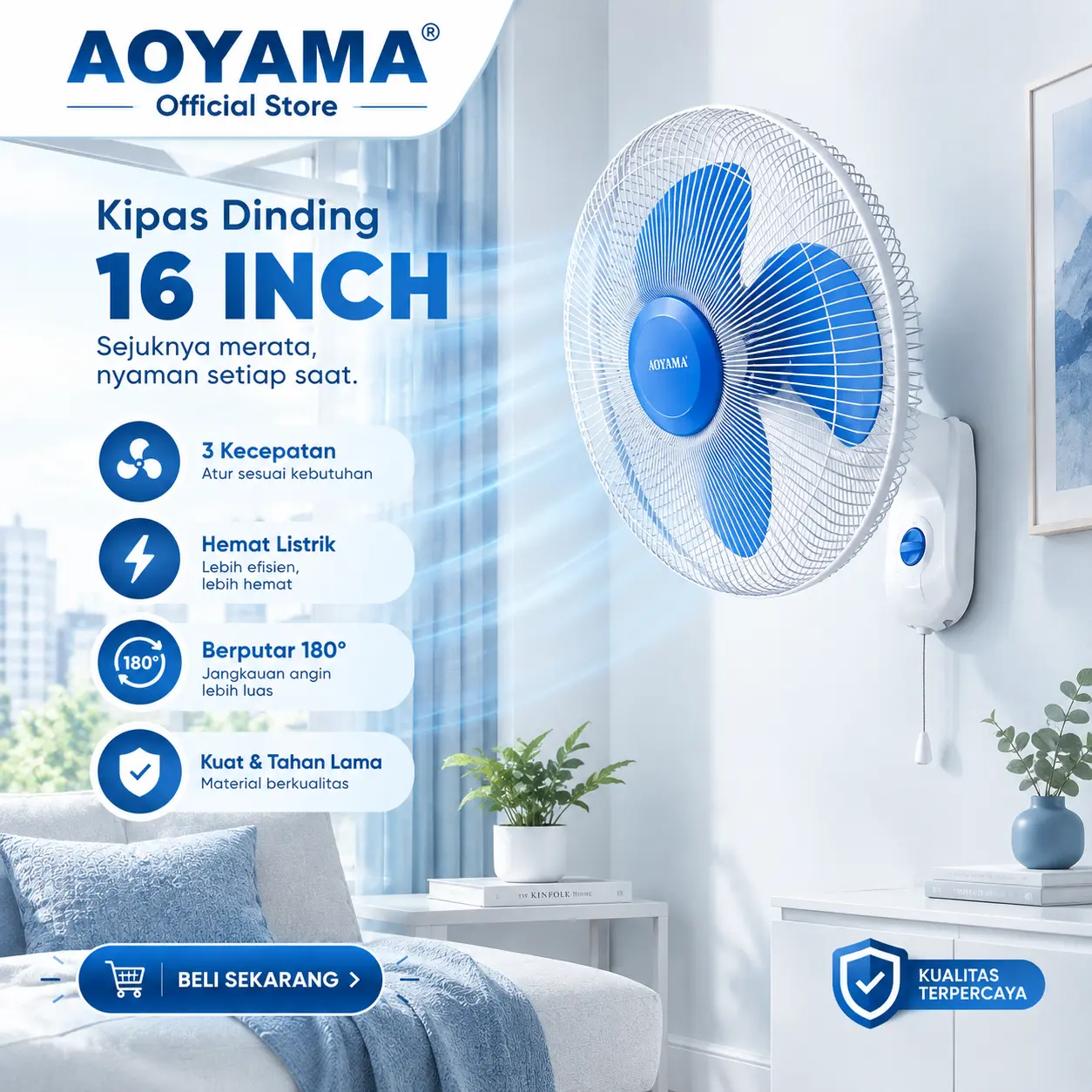 (COD) KIPAS DINDING 16” inch | Wall Fan 16 AOYAMA KIPAS DINDING 16 INCH MIX TALI 2 DAN TALI 1 AOYAMA