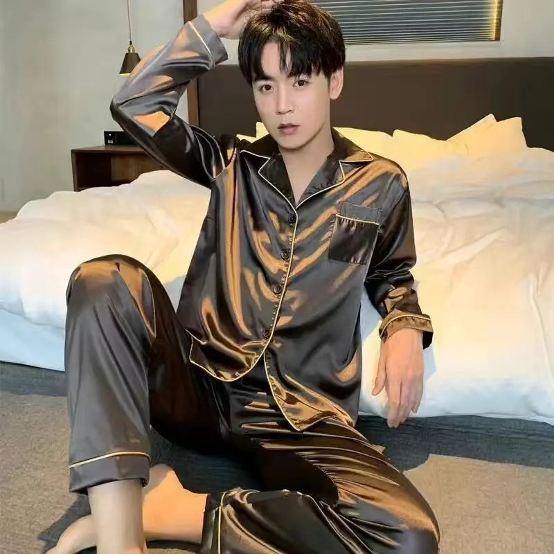 Đồ Ngủ, Bộ Đồ Ngủ Nam Mùa Hè, Mỏng, Dài Tay, Chất Liệu Lụa Lạnh Bộ Đồ Ngủ Trẻ Trung, Thích Hợp Cho Mùa Xuân Và Mùa Thu, Cỡ Lớn, Quần Dài Trung Niên, Đồ Mặc Nhà Bằng Lụa