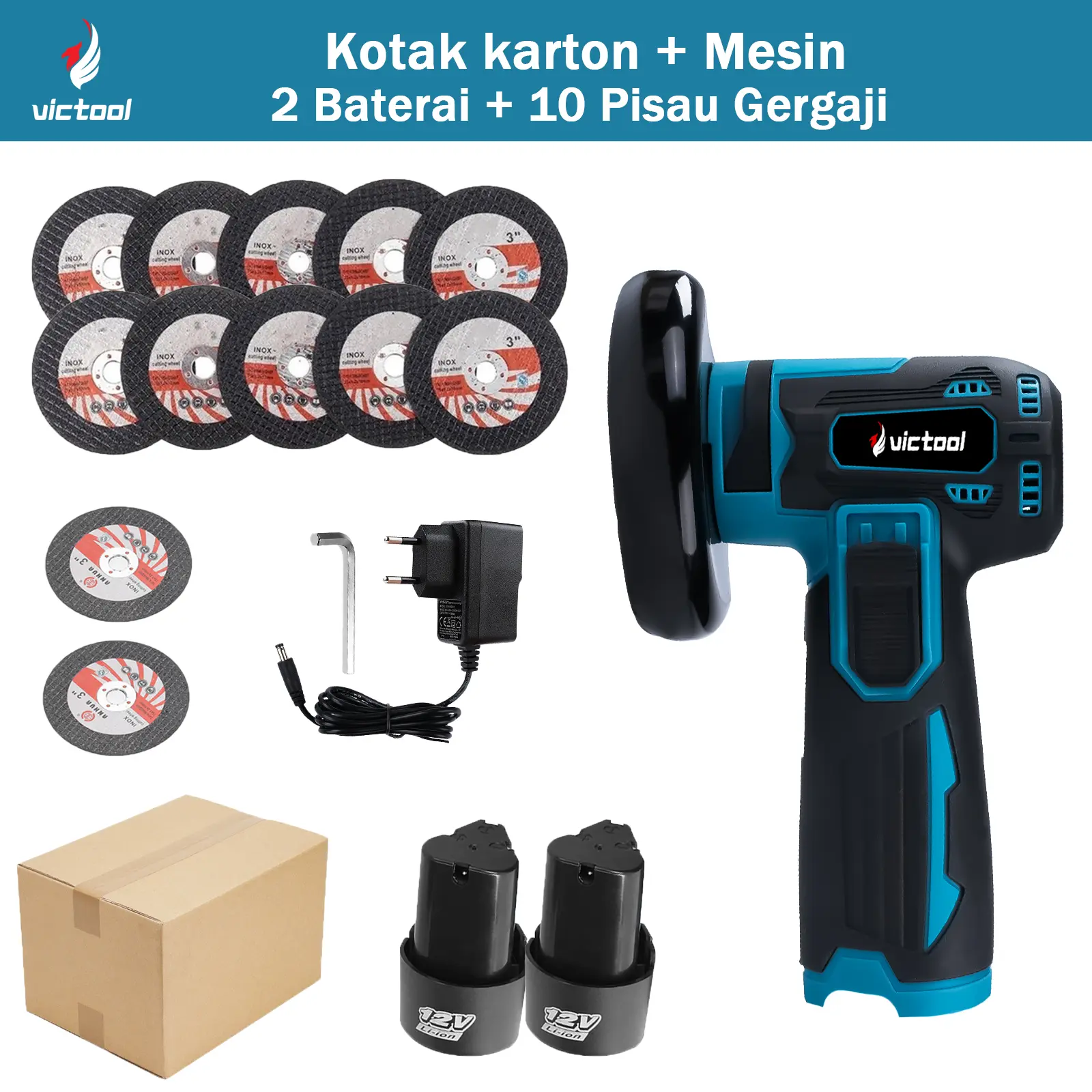 Kotak karton + Mesin + 2 Baterai + 10 Pisau Gergaj