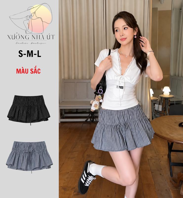 Chân Váy Kẻ Thắt Nơ 3 tầng Hack Dáng Form Xoè , Có quần bảo hộ chất Linen sọc 2 lơp L1