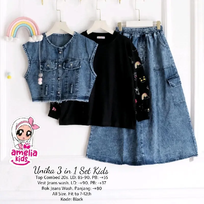 Aliya 3 in 1 Kids Baju Anak Amelia Kids Baju Anak Usia 7-12 Tahun Setelan Rok Jeans Anak Model Terbaru BAJU ANAK VIRAL BAJU ANAK KEKINIAN AMELIA KIDS 6