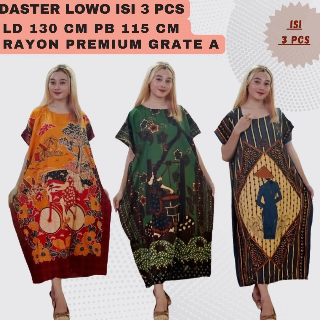 Daster Lowo Oshin LD 130 Isi 3 Motif Premium Rayon Batik Cantik Nyaman Wanita Panjang Tidur Lembut Bumil Jumbo Dress Lengan Pendek Kain Rayon
