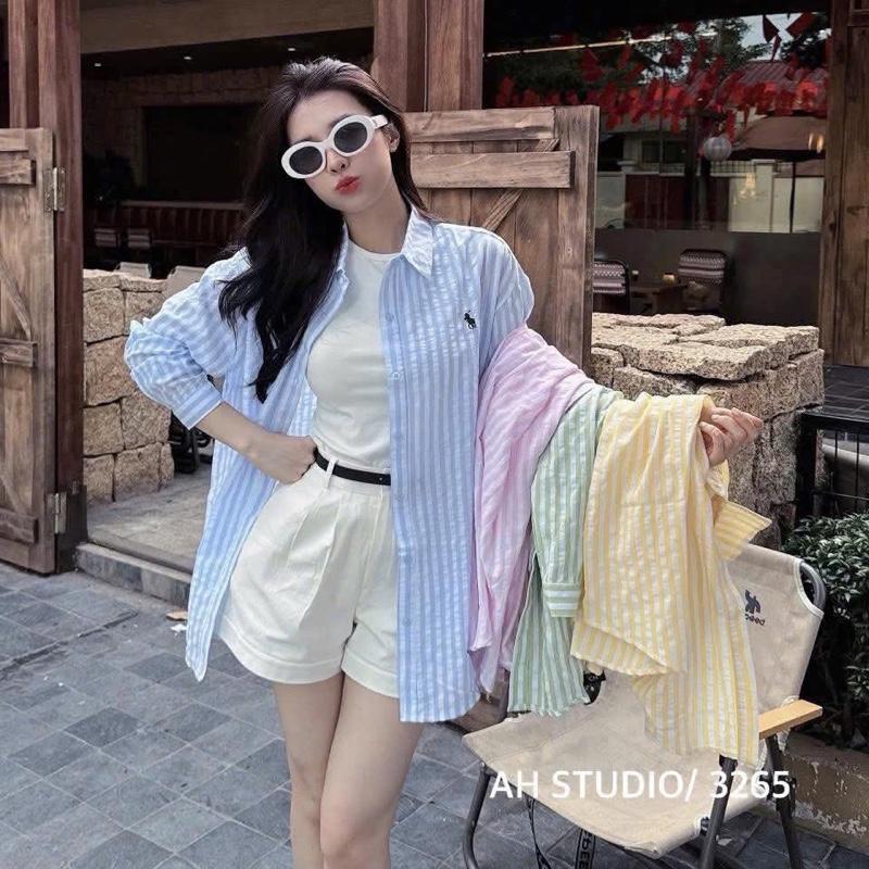 ( Mới) Áo Sơ Mi Kẻ Dáng Xuông Dài Tay,Hoạ Tiết Thêu Hươu,Chất Thô Đũi Mềm Mát 4 Màu Nữ (M48)