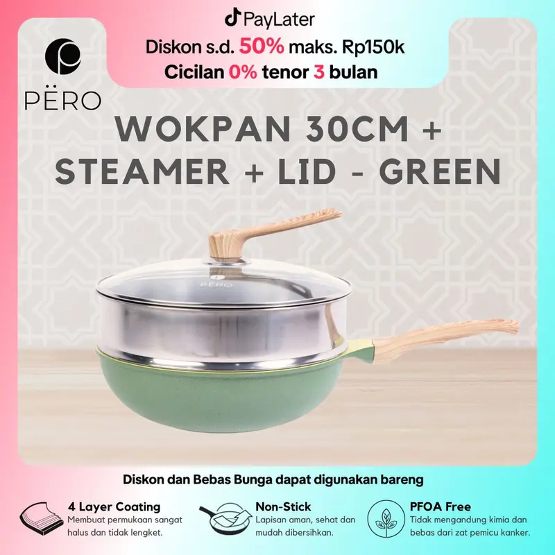 [Exclusive Mak San] Pero Wok Pan 30cm with Glass Lid Wooden Handle Biogranite Non Stick / Wajan Penggorengan Ukuran 30cm dengan Tutup Kaca Handle Kayu Anti Lengket Kitchenware 2
