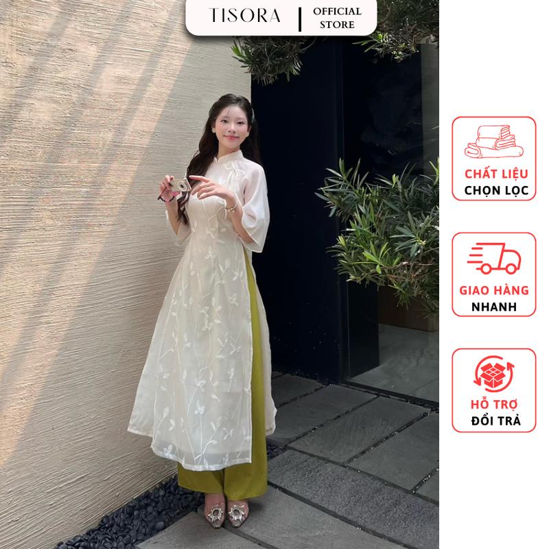 (CẢ BỘ) Sét Áo Dài Cách Tân Thêu Hoa Nổi + Quần Lụa siêu xinh có big size (Ảnh thật shop chụp) Nữ Women 4 tà