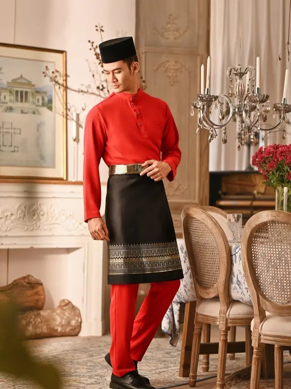 Satu Set Baju Celana dan kain songket/rumpak Teluk Belanga Cekak Musang Pria Melayu Kurung Setelan Pakaian Adat Malaysia Riau Koko Dewasa 5