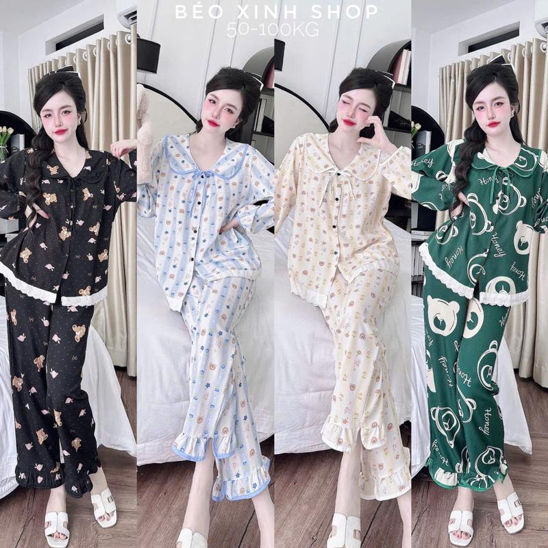 Đồ Bộ - Đồ Ngủ Tay Dài Quần Dài Vải Lụa Phối Ren Tiểu Thư Cao Cấp Thanh Lịch Pijama Bigsize 50-100kg Bộ Ngủ Nữ Áo Ngủ Women Quần Ngủ - A.5648