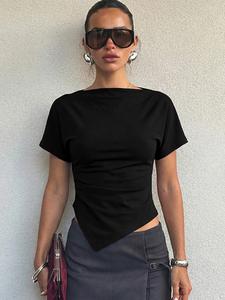 Camiseta de mujer sólida con cuello barco y dobladillo irregular; blusa ajustada de manga corta con frunces; tops elegantes estilo Y2K para fiestas, clubes y vacaciones; ropa casual para todas las estaciones, ideal para verano.