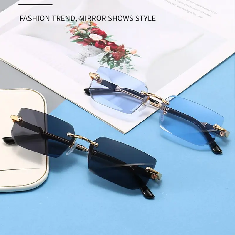 Rimless Sunglasses for Women Men, Trendy Frameless Rectangle Sun Glasses  Retro Shades Fashion Default