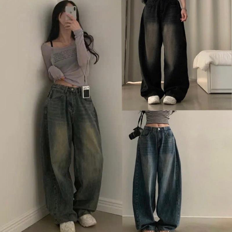 Quần jeans suông nhún hông 3 màu lưng cao dáng basic phong cách đường phố loe bò xanh ống rộng Nữ Women 0