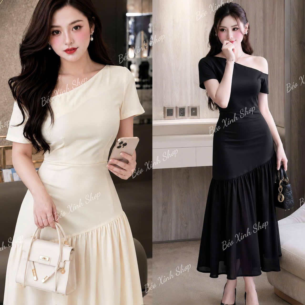 Váy Thiết Kế Dáng Dài Lệch Vai Phối Bèo Thanh Lịch Cotton Lạnh Hàn Có Bigsize Béo Xinh Shop - B.1849