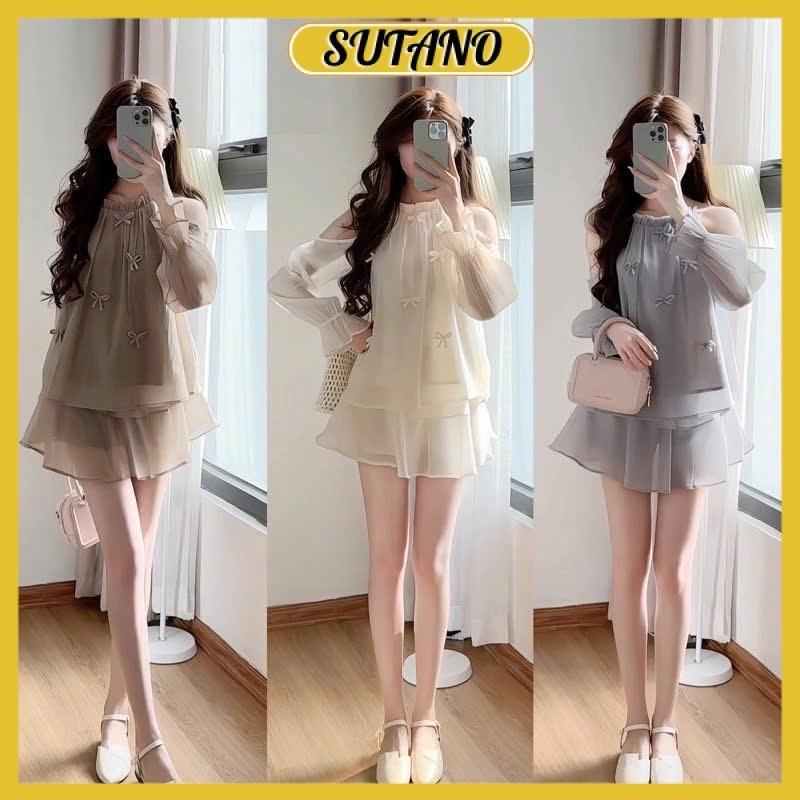 Set bộ nữ áo tơ hở vai đính nơ tay dài phối chân váy 2 tầng dáng xòe bánh bèo tiểu thư voan tơ cao cấp B109 SUTANO