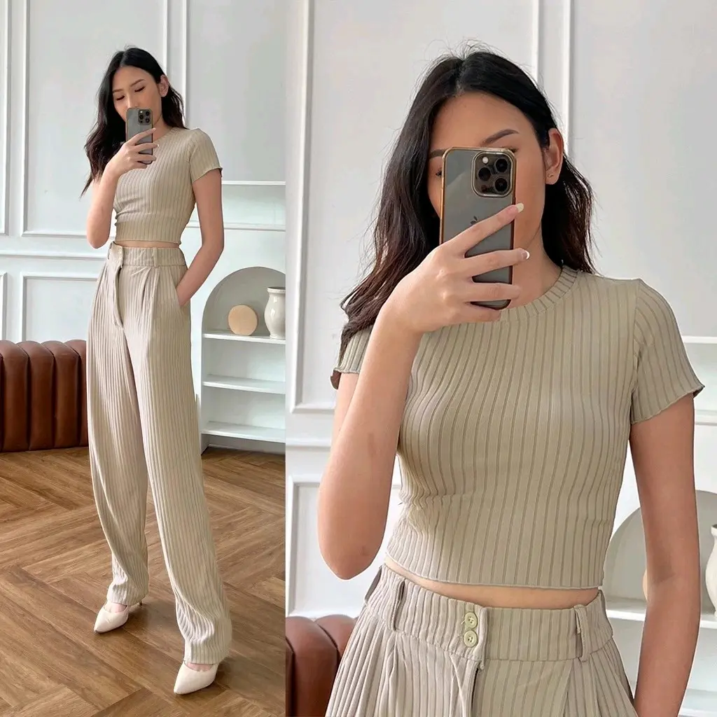 Luna One Set Premium Rib Knit Crop Top Setelan Wanita celana panjang atasan baju Oneset Wanita Stretch