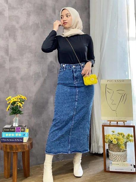 Theana Rok Jeans Skirt Panjang Wanita Dewasa Belah Belakang Bawahan