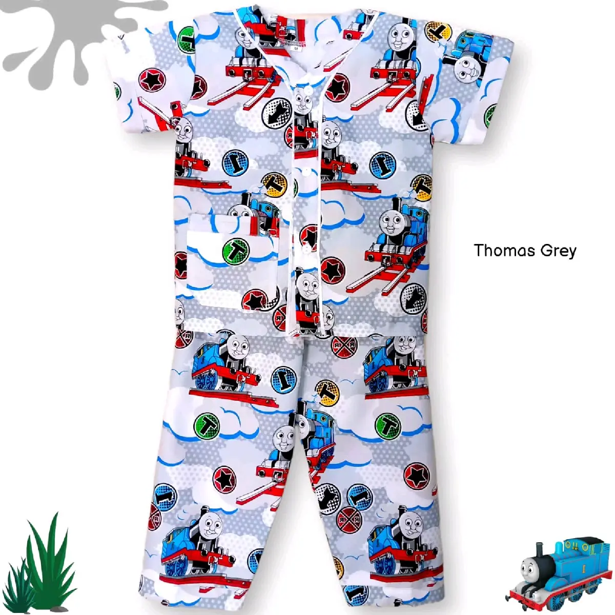 setelan baju piyama anak laki-laki motif thomas n friend model tanpa kerah untuk usia 1-12 thn