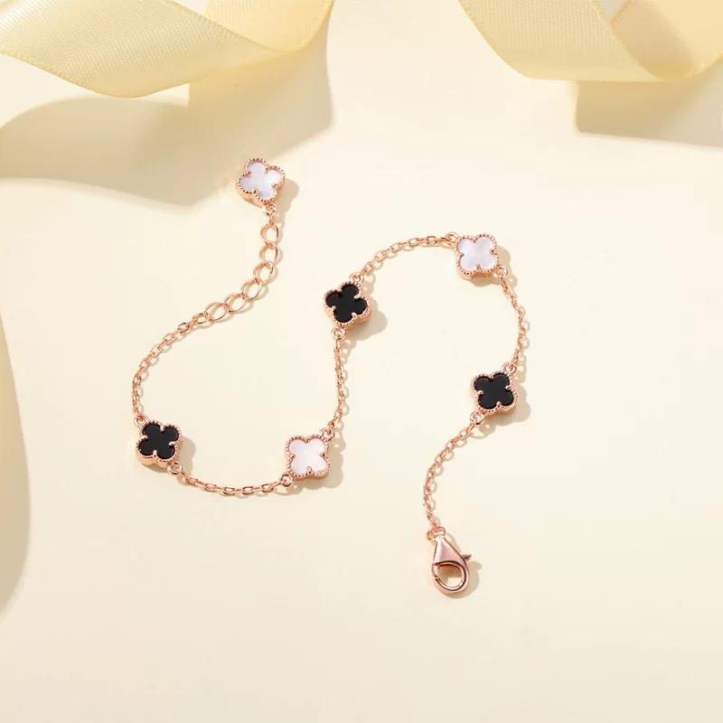 Gelang Tangan Wanita Titanium Sebalik Hitam Sebalik Putih dengan Berlian Buatan dan Bunga