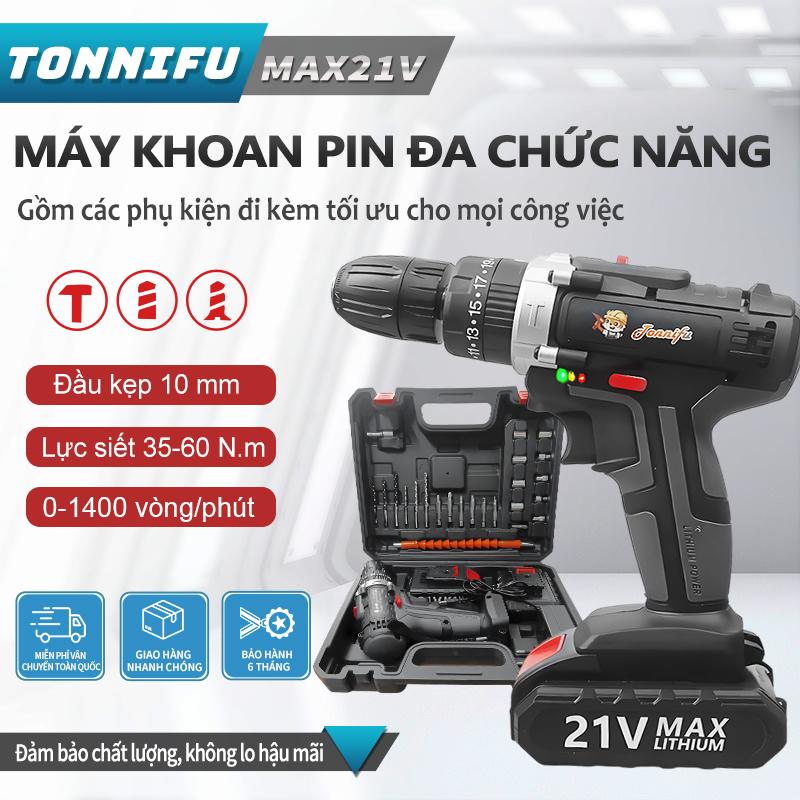 Máy khoan pin Tonnifu xám đen- 3 chức năng vít khoan búa, ruột đồng , bộ phụ kiện 24 chi tiết