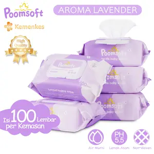 Poomsoft 5 Pack x 100 Lembar Tisu Basah Bayi Lembut Aroma Lavender Bebas Alkohol Disposable Disertifikasi oleh Departemen Kesehatan