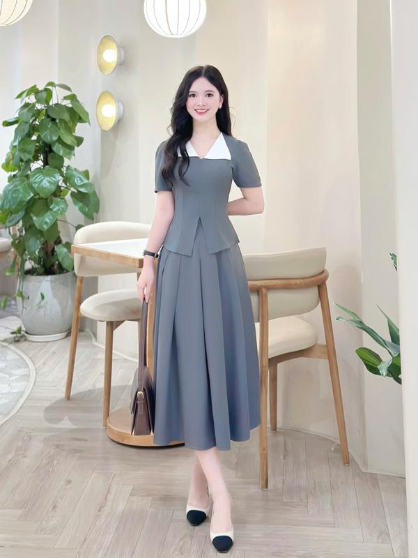 Áo lẻ nữ (KHÔNG KÈM VÁY) thiết kế Nhật Vy cổ V phối bèo tay ngắn ôm eo bigsize chất lụa công sở văn phòng dự tiệc quà tặng vợ mẹ màu xám đen hồng - D3326
